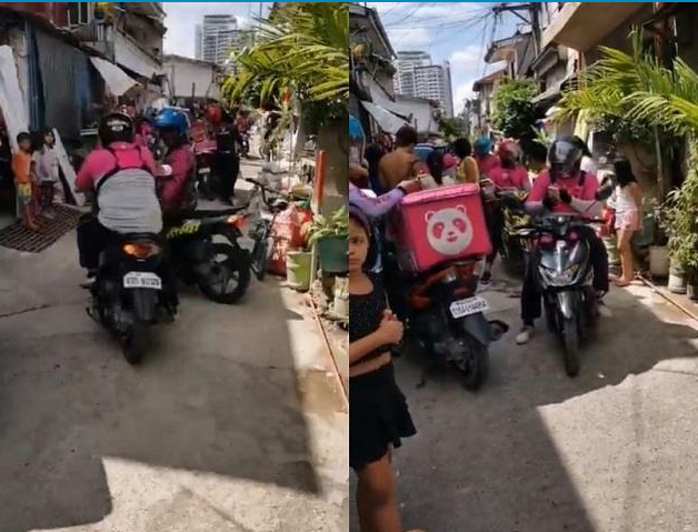 Tampak para pengemudi berseragam merah muda memenuhi jalan di depan rumah sang bocah, dengan masing-masing membawa setidaknya dua kotak fillet ayam goreng dan kentang goreng.