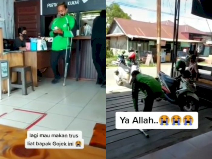 Driver tersebut terlihat sedang menunggu pesanan customernya di sebuah restoran. Ia tampak berjalan dengan memakai tongkat kruk dan sempat terjatuh saat hendak menuju motornya.