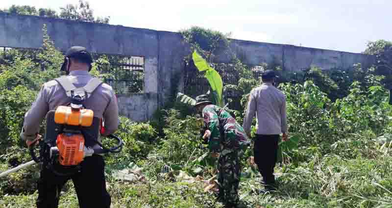 Petugas Tiga Pilar Anjatan, Indramayu, Jabar membersihkan rumput liar yang sering jadi sarang begal. (Taryani)