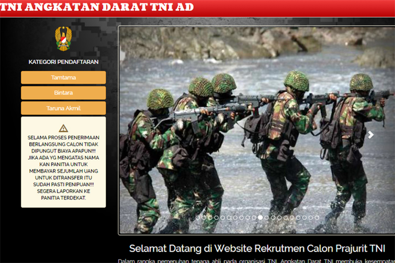 Tangkapan layar halaman depan situs http://ad.rekrutmen-tni.mil.id/.(http://ad.rekrutmen-tni.mil.id/)