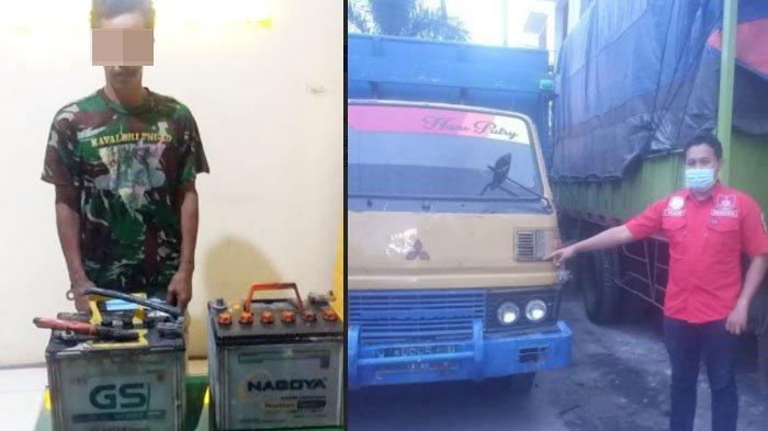 Sutriman dan barang bukti aki dan polisi menunjukkan truk diesel yang dicuri akinya di Mapolsek Duduksampeyan, Gresik, Minggu (17/1/2021). Foto: Surya.co.id