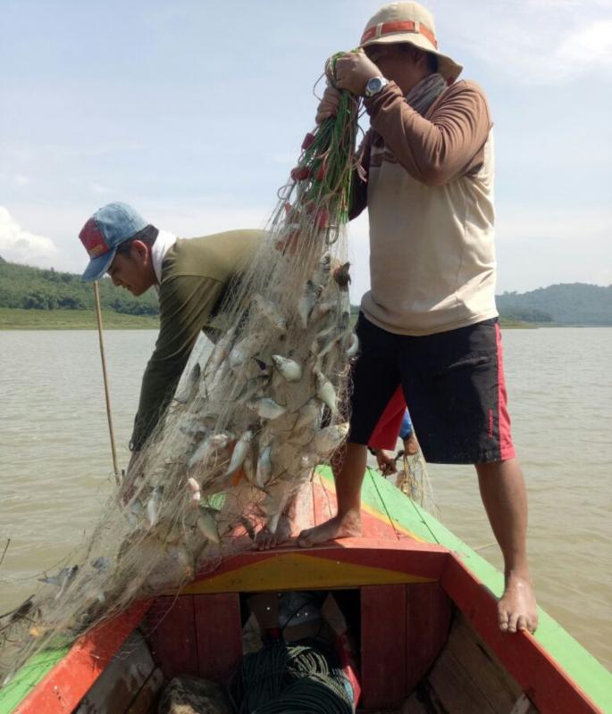 Nelayan menjaring ikan di waduk. (Istimewa)