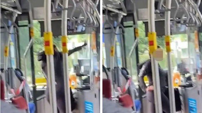 Tangkapan layar video wanita marah dan gedor kaca bus saat diminta kenakan masker.(Ist)