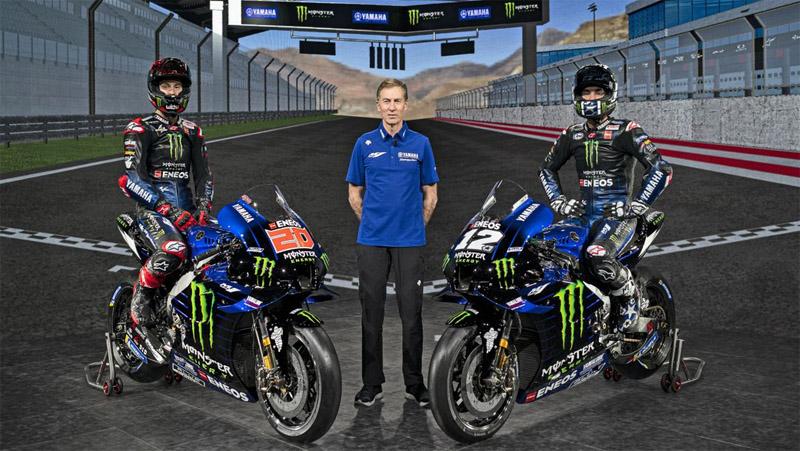 Monster Energy Yamaha resmi pamerkan tampilan motor balap baru mereka untuk MotoGP 2021 secara virtual, Senin (15/2/2021). Foto: Inews.id