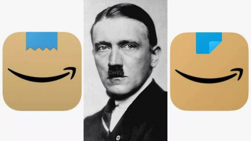 Raksasa teknologi kini telah mengubah desain yang dianggap kumis Hitler (kiri) menjadi selotip biru yang terlipat (kanan), mengikuti saran para pelanggan. (AMAZON/PRESS ASSOCIATION)