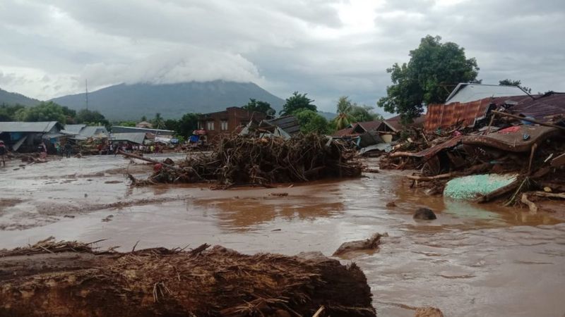 Permukiman masyarakat di Desa Waiburak, Kecamatan Adonara Timur, Kabupaten Flores Timur tertutup lumpur dan digenangi banjir. (Humas BNPB)