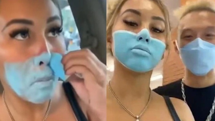 Leia Se dan Josh Paler Lin mengunggah video seorang influencer Rusia yang mengenakan cat wajah bergambar masker di sebuah supermarket di Bali.(Supplied: YouTube)