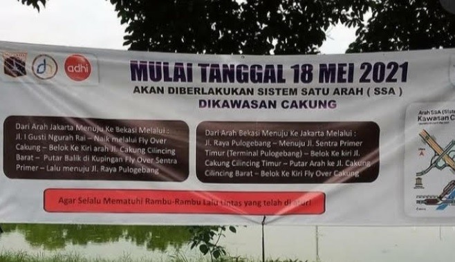 Dinas Perhubungan (Dishub) Jakarta Timur memberlakukan sistem satu arah di kawasan Cakung mulai Selasa (18/5/2021). (Foto: Instagram).