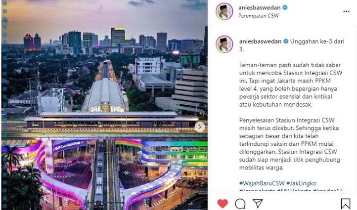 Gubernur DKI Jakarta Anies Baswedan menyebut pembangunan Stasiun Integrasi Cakra Selaras Wahana (CSW) sudah hampir tuntas. Foto: Inews.id.