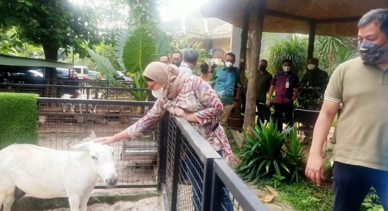 Bupati Indramayu, Nina Agustina mengelus-elus  salah satu satwa penghuni Fauna Indonesia Kota Bekasi. (Ist.)