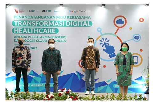 Induk Holding BUMN Farmasi, Bio Farma bersama Google Cloud Indonesia menandatangani Memorandum of Understanding (MoU), Jumat (20/8/2021). (Ist.)