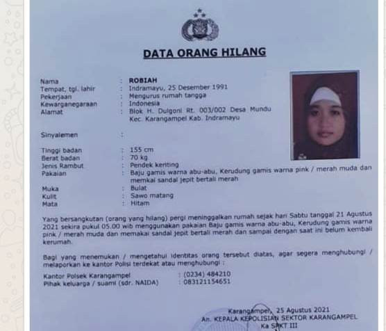 Data orang hilang bernama Robiah dilaporkan suami, Naida ke Polsek Karangampel. (Ist.)