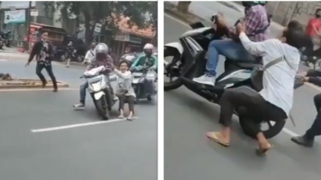 Video yang memperlihatkan detik-detik sopir ojek online berhasil menangkap pria yang mengaku debt collector yang membawa kabur motornya viral di media sosial. Foto: suara.com.