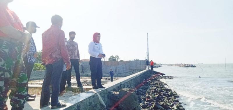 Bupati Indramayu, Nina Agustina didampingi Forkopimcam Juntinyuat meninjau breakwater di Desa Limbangan. (Ist.)