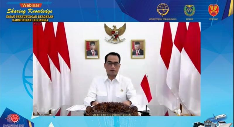 Menteri Perhubungan, Budi Karya Sumadi pada webinar sharing knowladge dengan tema insan perhubungan bergerak harmonikan Indonesia, Senin (13/9/2021).