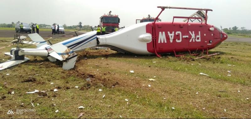 Helikopter Kemenhub jatuh di Bandara Budiarto, Curug, Senin (13/9/2021).(Ist)