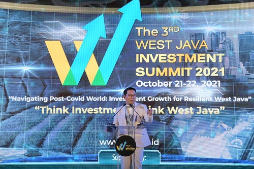 Gubernur Jawa Barat, Ridwan Kamil memberikan sambutan pada acara  WJIS 2021 di Bandung. (Ist.)