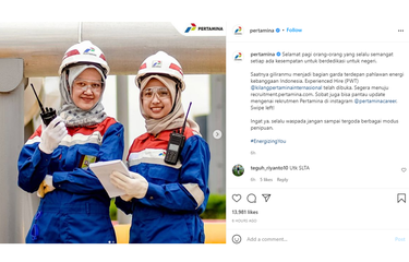 Tangkapan layar unggahan akun Instagram PT Pertamina soal lowongan kerja melalui program Experienced Hire 2021 untuk PT Kilang Pertamina Internasional.