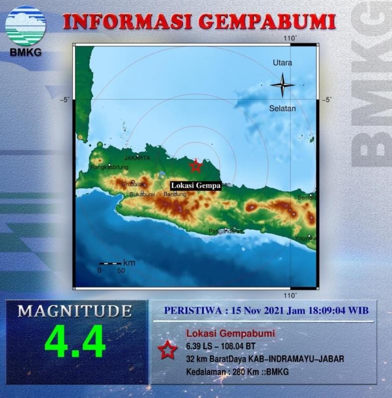 Pusat gempa magnitudo 4.4 terjadi di wilayah Kabupaten Indramayu. (Ist.)