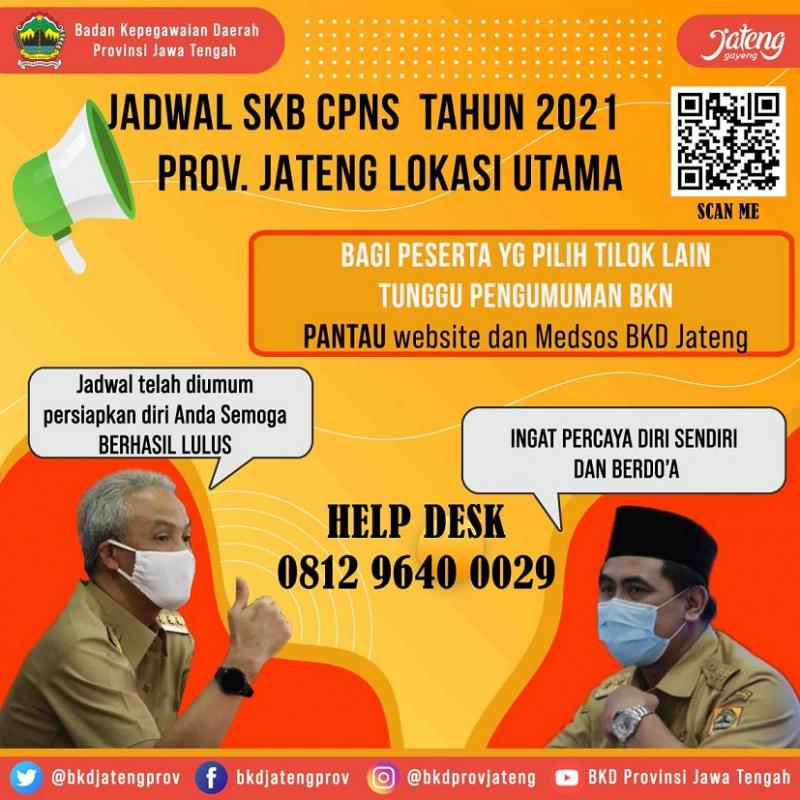 Informasi terkait seleksi penerimaan https://bkd.jatengprov.go.id, akun media sosial resmi BKD Provinsi Jawa Tengah, serta Nomor HP Helpdesk Penerimaan CPNS 081296400029. (Ist.)