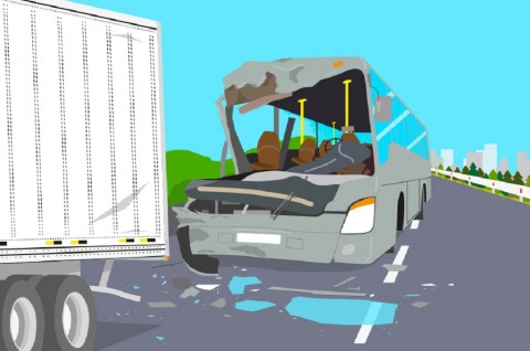 Ilustrasi sebuah bus mengalami kerusakan setelah nyenggol  truk. (Ist.)