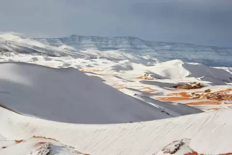 Gurun Sahara di wilayah Aljazair yang terkenal panas ketika siang hari kini tiba-tiba diselimuti salju. Pakar menyebutnya sebagai bukti parahnya krisis iklim Bumi. Foto/Twitter @Strange_Sounds