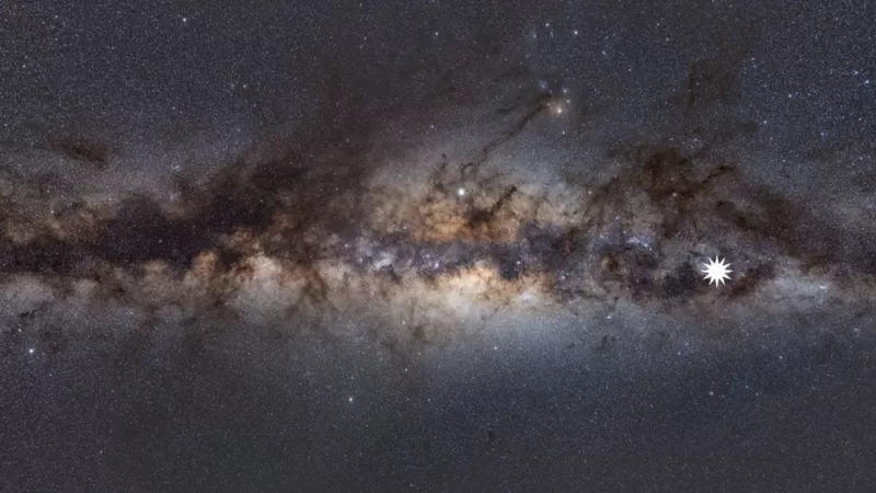 Gambar galaksi Bimasakti dilihat dari bumi dengan ikon bintang yang menunjukkan posisi objek misterius yang berputar dan menyala.