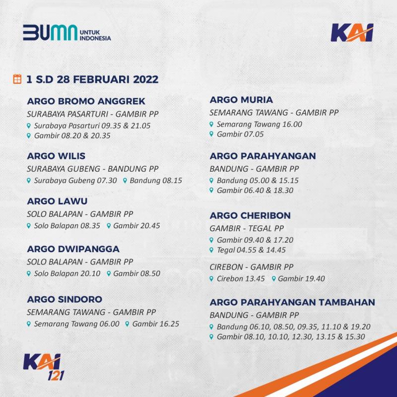 Berikut jadwal perjalanan kereta api mulai 1 hingga 28 Februari 2022 keberangkatan dari Stasiun Gambir Jakarta tujuan Luar Kota Pergi-Pulang (PP). (Dok.PT KAI)