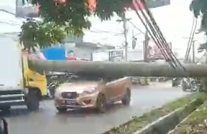Satu unit mobil tertimpa pohon besar di kawasan Pamulang Permai, Tangerang Selatan. Foto: tangerangnews.com.