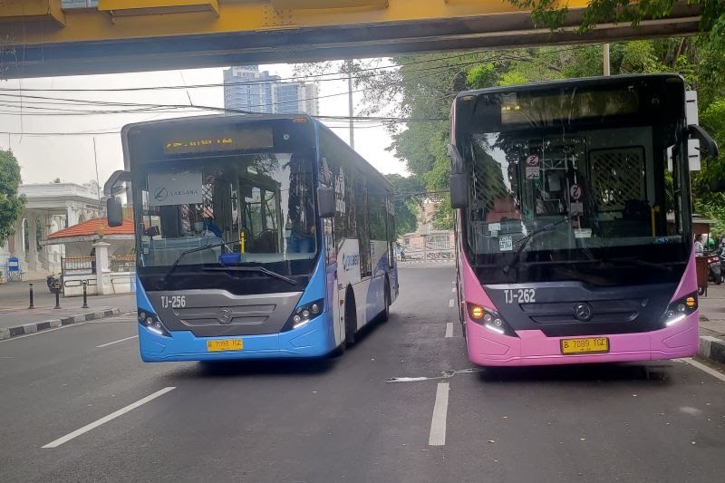 Bus TransJakarta pink (kanan) yang diperuntukkan untuk pelanggan wanita melintas di Pasar Baru, Jakarta Pusat, Jakarta pada Senin (25/07/2022). ANTARA/Hendri Sukma Indrawan.