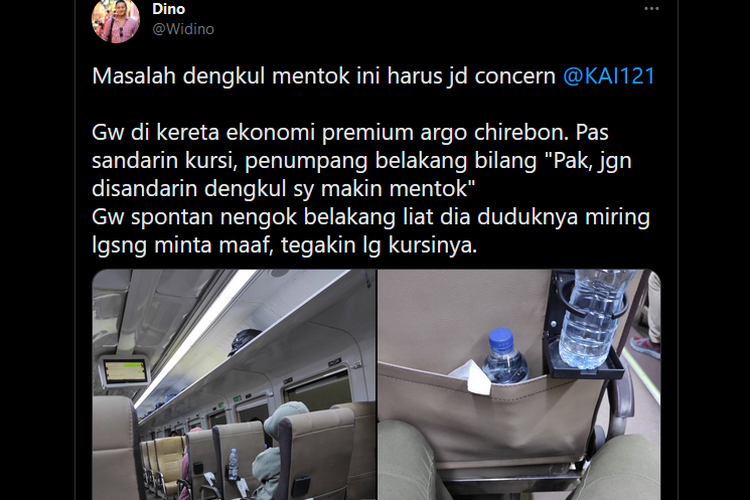 Penumpang KAI keluhkan kursi kereta yang sempit(tangkapan layar akun twitter @Widino, Jumat (12/8/2022))