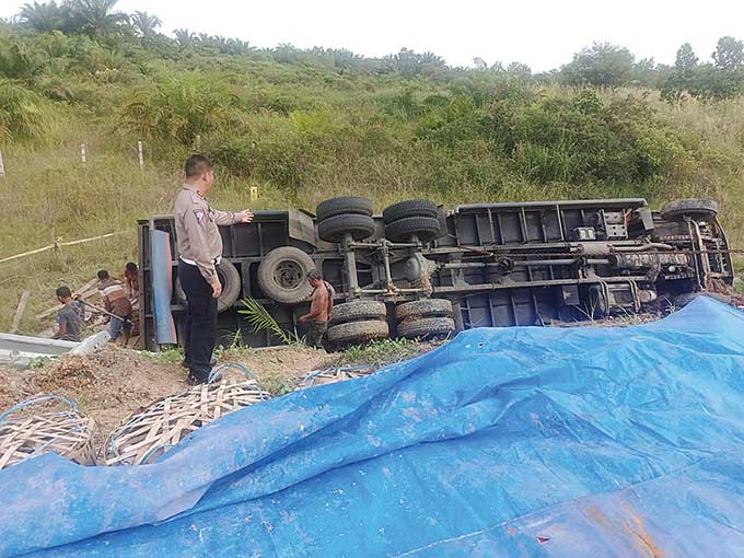 Truk bermuatan jeruk asal Brastagi, Sumatera Utara terguling usai mengalami kecelakaan tunggal di Jalan Tol Permai Km 81 B, Kabupaten Bengkalis, Senin (31/10/2022). (foto: Istimewa Humas Polda Riau)