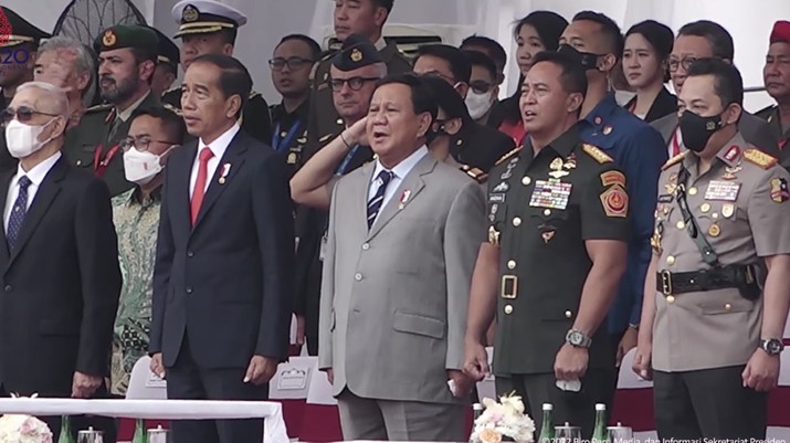  Presiden Jokowi Menyaksikan Pameran Indo Defence 2022 Expo & Forum, Jakarta, Rabu (2/11/2022) didampingi Mehan Prabowo, Panglima TNI Andika, Kapolri dan pejabat tinggi negara.