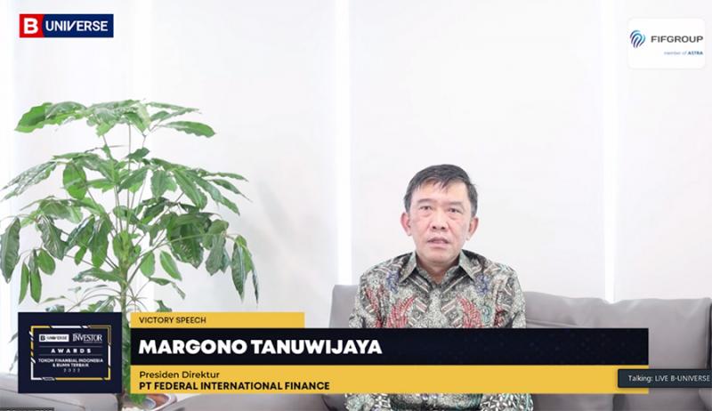 Presiden Direktur PT Astra Multi Finance Ardian Prasetya memberikan pidato singkat saat menerima penghargaan sebagai Multifinance Terbaik dengan Aset diatas Rp500 Miliar - Rp1 Triliun oleh Majalah Investor pada Jumat, 09 Desember 2022 dan ditayangkan secara live streaming platform group media B-Universe.foto:istimewa/FIFGROUP