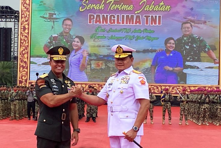 Jenderal TNI Andika Perkasa telah resmi sertijab Panglima TNI kepada Laksamana TNI Yudo Margono di Mabes TNI, Cilangkap, Jakarta Timur, Selasa (20/12/2022).