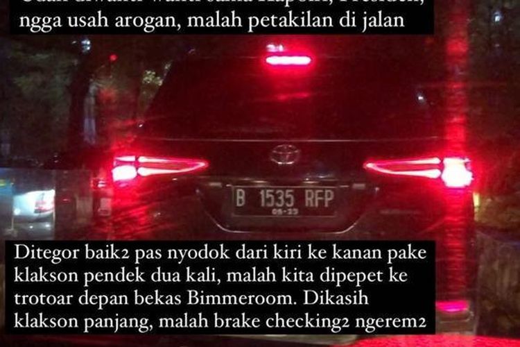 Unggahan netizen yang kesal dengan mobil pelat RF yang arogan(Dok. @bramantia_tamtama)