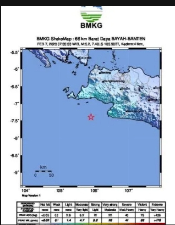 Peta gempa berkekuatan magnitudo 5,2 di selatan Banten, Selasa (7/2/2023). (ANTARA/HO-BMKG)