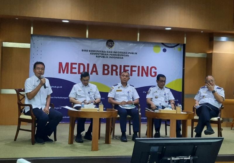 Media briffing persiapan Pemerintah dalam kesiapan aspek keselamatan pada angkutan Lebaran 2023, di kantor Kemenhub, Kamis (16/3/2023).