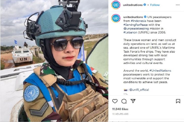 PBB atau United Nations (UN) membagikan foto prajurit Korps Wanita Angkatan Darat (Kowad) yang sedang bertugas melakukan misi perdamaian di Lebanon. Nama prajut Intan.