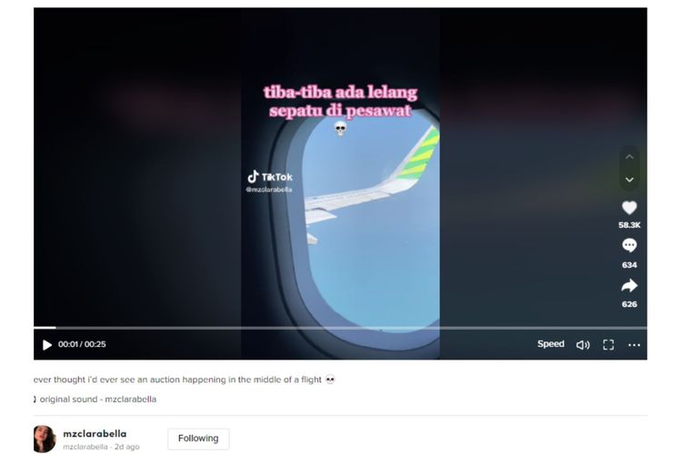 Salah satu penumpang Citilink penerbangan Jakarta-Singapura merekam momen lelang di dalam pesawat pada Kamis (16/3/2023) lalu.(Tangkapan layar akun TikTok @mzclarabella)