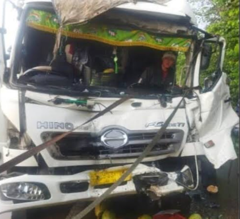 Dua unit truk terlibat kecelakaan di KM 29 Tol Jagorawi. Kecelakaan dipicu akibat pecah ban salah satu kendaraan. Foto: istimewa.