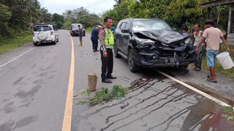 Kecelakaan dialami mobil Toyota Fortuner pelat hitam BH-1081-BS yang ditumpangi Wakil Ketua (Waka) DPRD Tanjung Jabung Barat (Tanjabbar), Jambi, Sjafril Simamora dengan sepeda motor. Foto: istimewa.