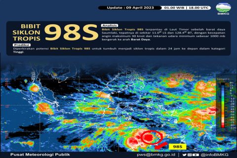 Potensi pembentukan siklon tropis 98S dalam waktu 24 jam berpotensi menimbulkan hujan lebat dan gelombang tinggi. 