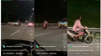Aksi nekat terobos tol pengendara motor sebakan aksi kerjar-kejaran dengan petugas. (source: Instagram @fakta.indo)