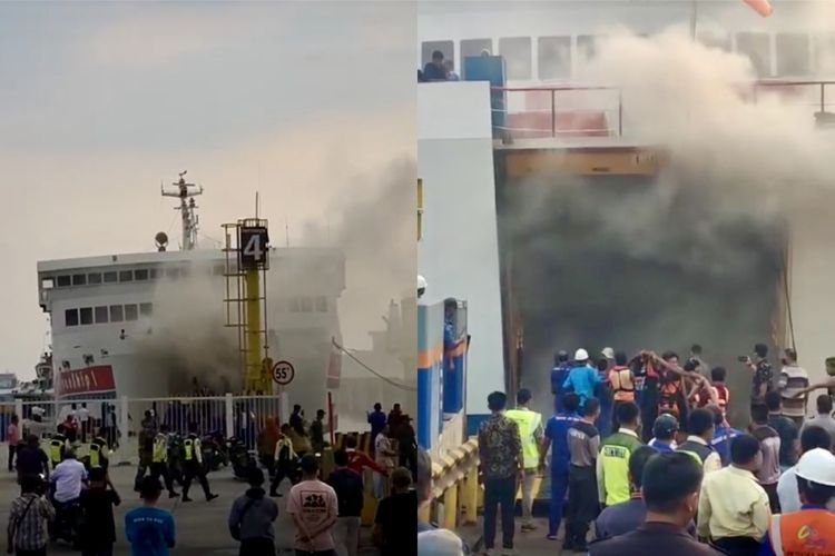Kolase bidik layar video kapal feri terbakar di Pelabuhan Bakauheni, Jumat (20/10/2023) sore.