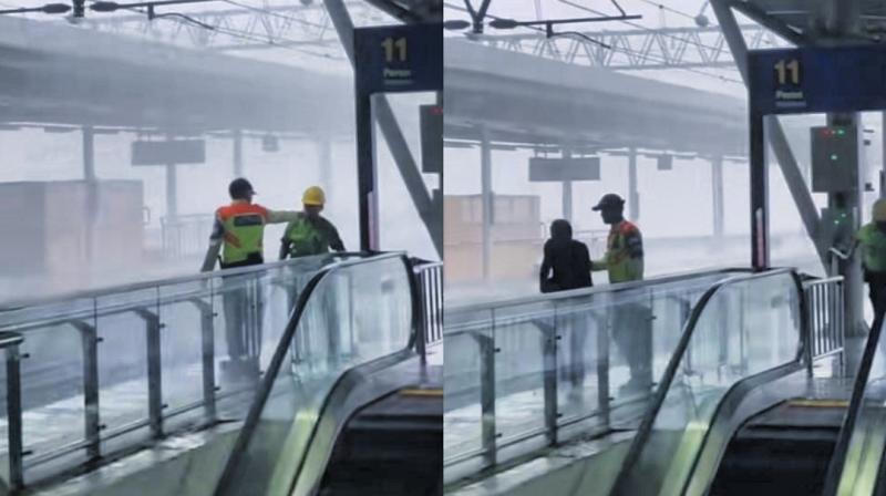 Aksi petugas keamanan dan cleaning di Stasiun Manggarai viral di media sosial karena menolong penumpang KRL saat hujan deras. 